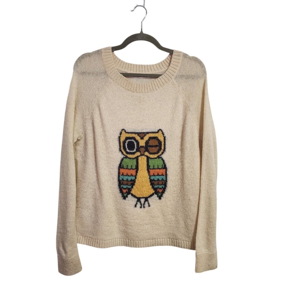 WOOLRICH Owl Graphic Knit Sweater Cream Wool Mohair Pullover Twee Whimsigoth L